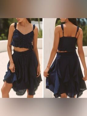 Anthropologie Gauze Crop Top & Godet Ruffle Midi Skirt Set, Size S